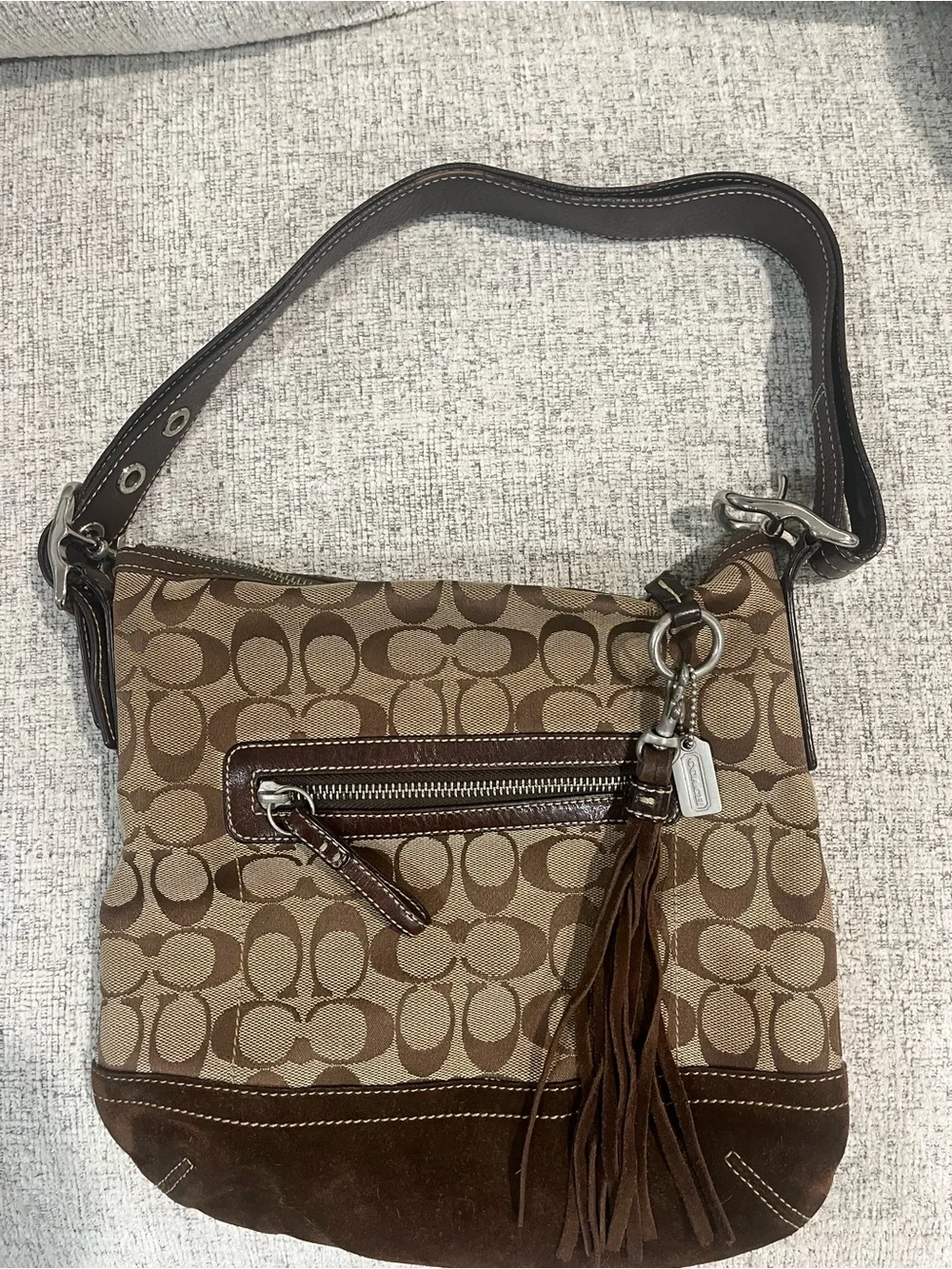 Vintage Coach Brown Signature Canvas Shoulder Bag with Tassel and Dust Bag